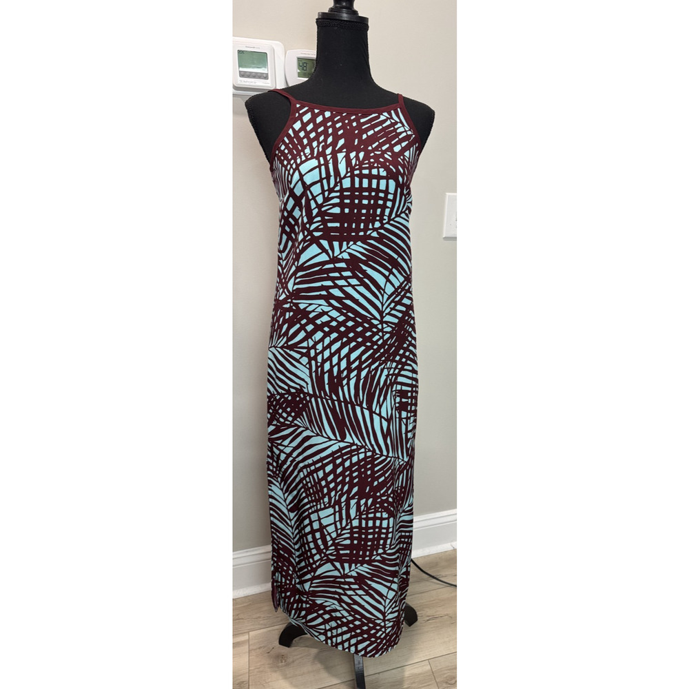 Limited Tropical Resort Wear Maxi Dress Brown Blue Palm Tree Beach Slip Dress XS